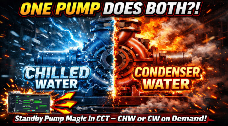 Dual-purpose standby pump in Johnson Controls CCT: one pump operating as either chilled water (blue) or condenser water (red). Thumbnail for CCT programming tutorial on flexible pump logic.